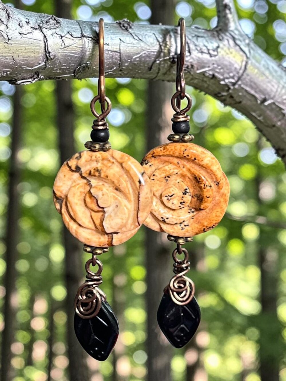 Picture Jasper Carved Rose Earrings with Black Czech Glass Leaf Dangles
